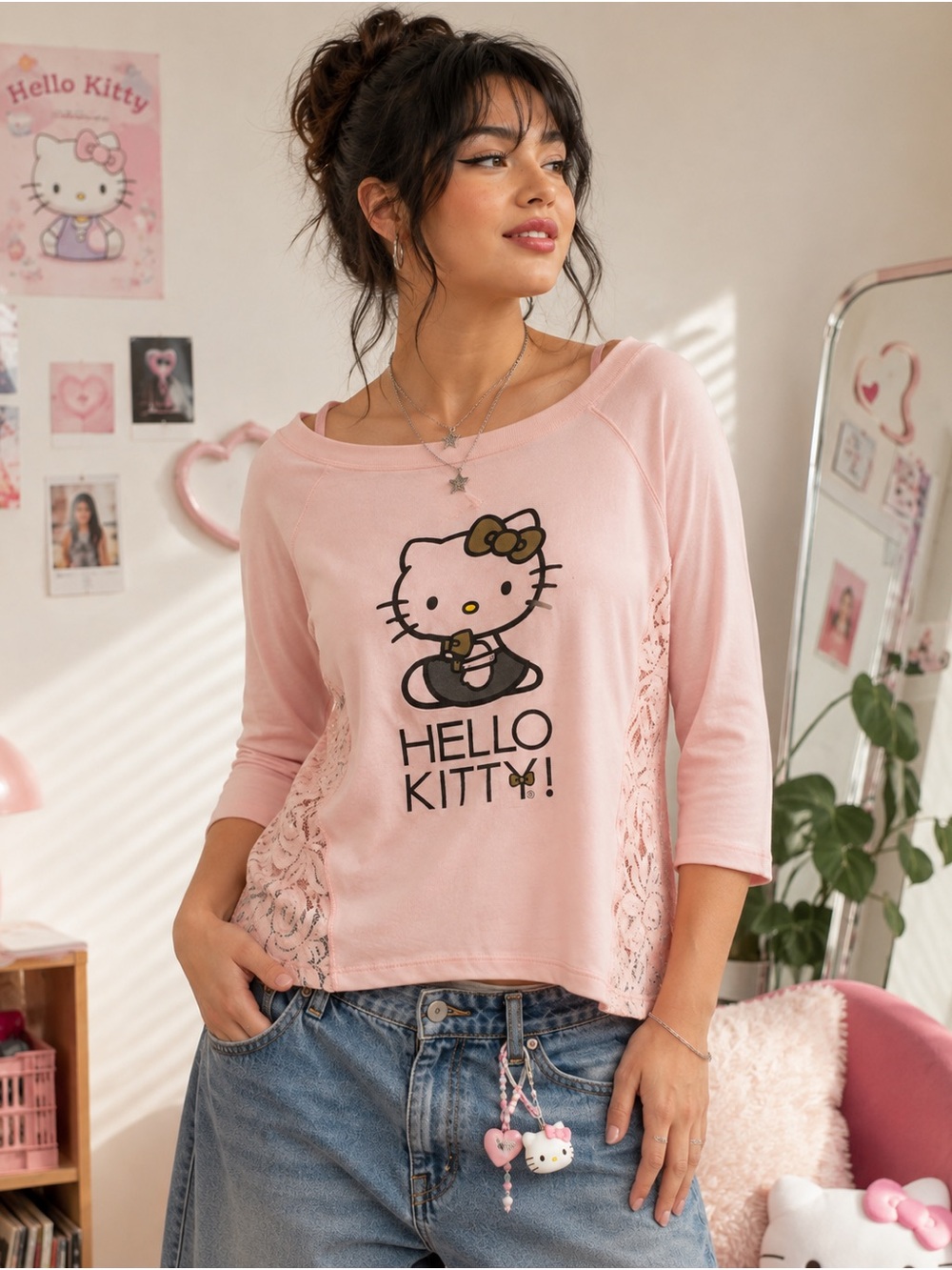 Hello Kitty Women's Pink Lace-Panel Shirt Kawaii Anime